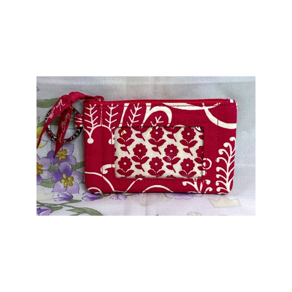 Vera Bradley Red Floral Keychain Wallet Zip ID Card‎ Coin Purse 3x5"